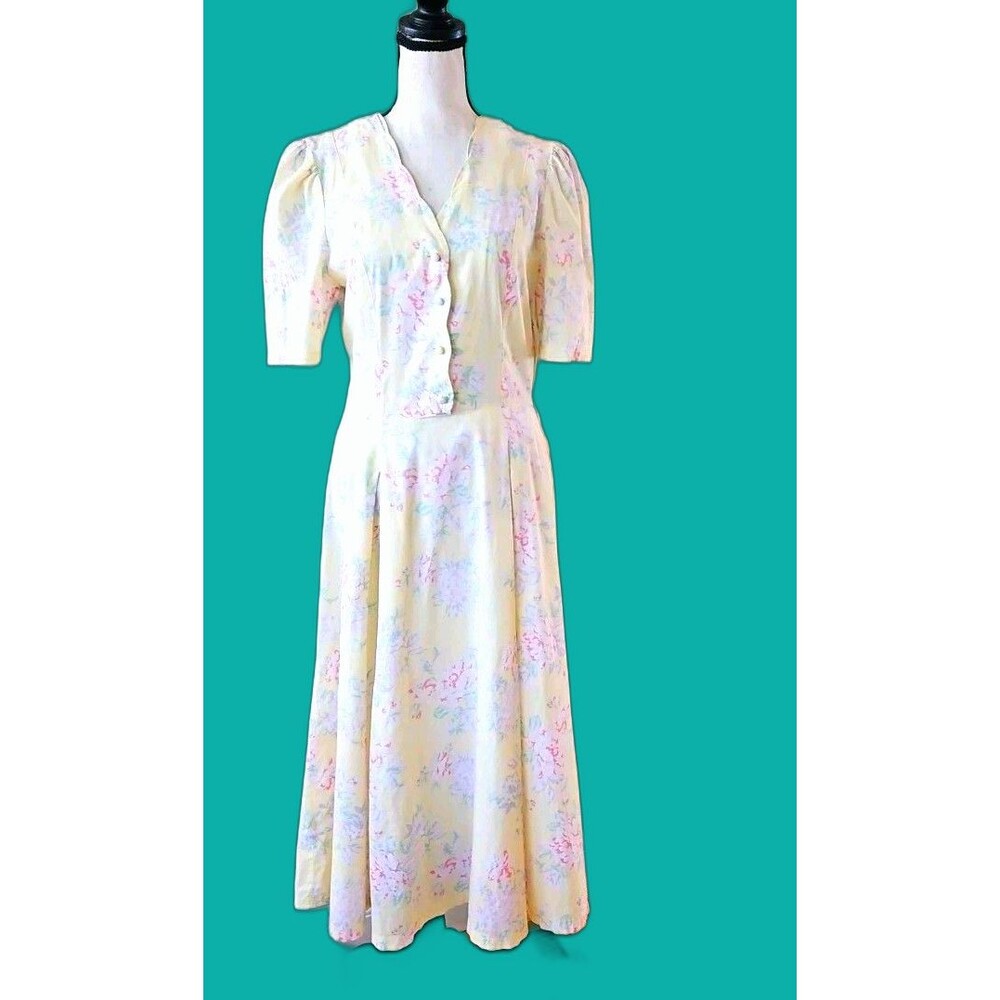 Vintage Country/prairie Yellow Floral Scalloped‎ Neck Cotton Dress, No Size
